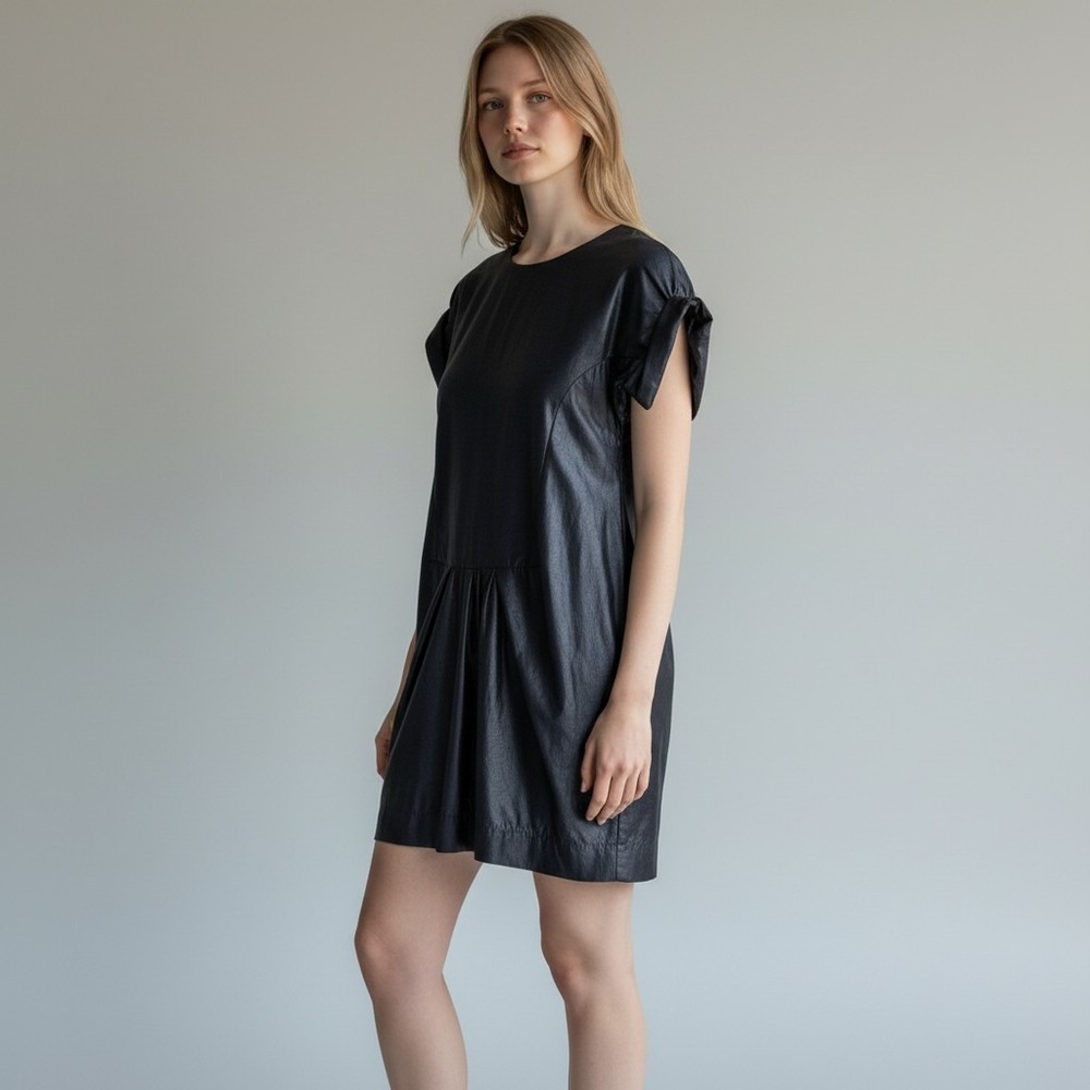 COS Black Coated Cotton Blend Short Sleeve Pleated Shift Dress EU 34 US 4